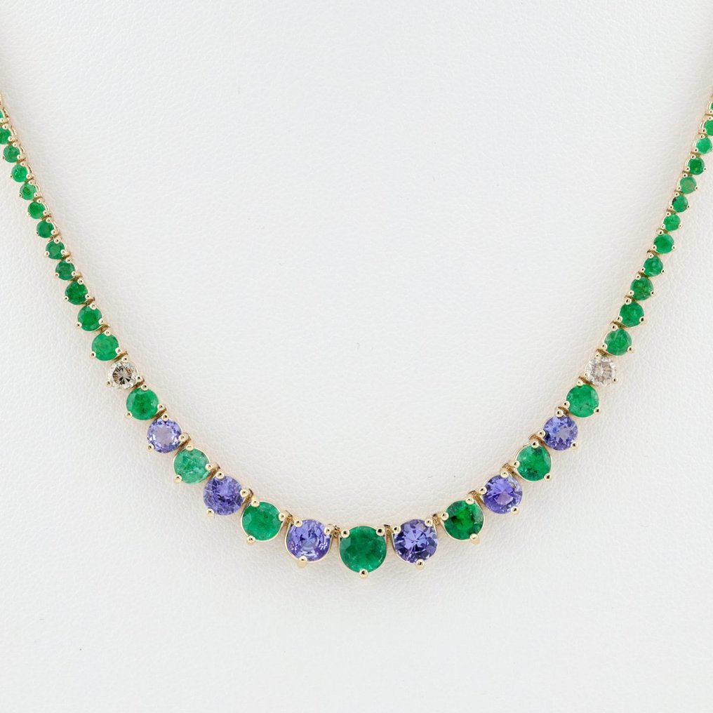 [ALGT Certified] - (6) Pcs (Tanzanite) 1.96 Ct - (164) Pcs (Emerald) 7.22 Ct - (2) Pcs (Diamond) - 14 kt Gelbgold - Halskette #1.2