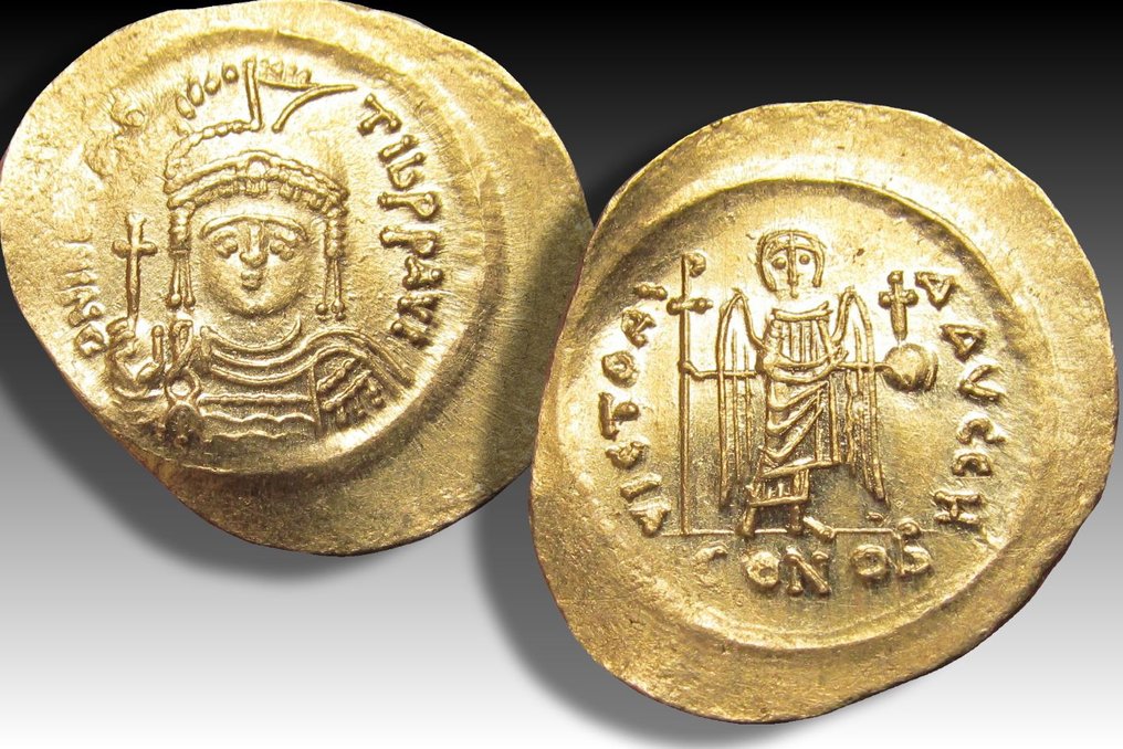 Impero bizantino. Maurizio Tiberio (582-602 d.C.). Solidus Constantinople mint 583-601 A.D. - officina H (= 8th) - sharply struck on very large 24mm flan #2.1