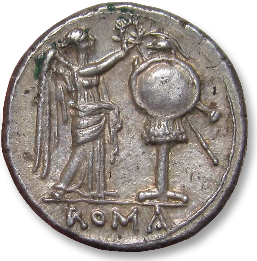Romerska republiken. Victoriatus Anonymous issue, uncertain mint in Sicily circa 211-208 B.C. - beautiful example #1.1