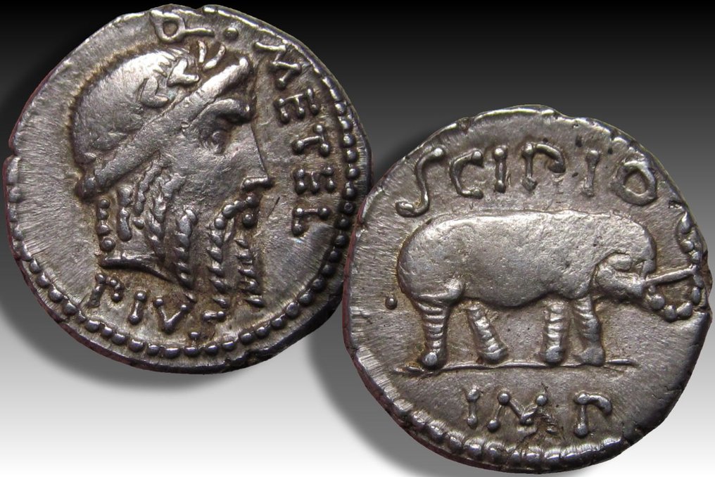 Rooman tasavalta. Q. Caecilius Metellus Pius Scipio, 47-46 eaa.. Denarius - well centered and beautifully struck example of this Imperatiorial cointype - #2.1
