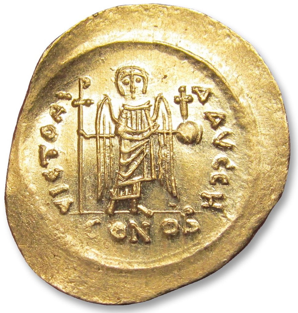 Impero bizantino. Maurizio Tiberio (582-602 d.C.). Solidus Constantinople mint 583-601 A.D. - officina H (= 8th) - sharply struck on very large 24mm flan #1.1