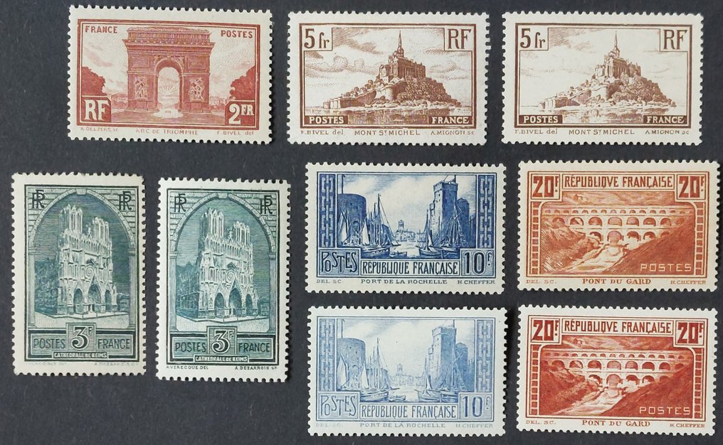 Francia 1929/31 - Monumenti, la serie completa con diverse tipologie - Yvert 258, 259, 259c, 260, 260a, 261, 261b, 262 et 262A #1.1
