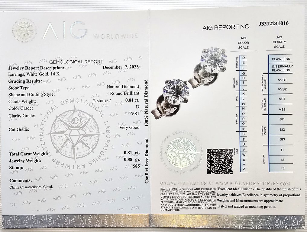 耳环 - 14K包金 白金 -  0.81ct. tw. 钻石  (天然) #2.1