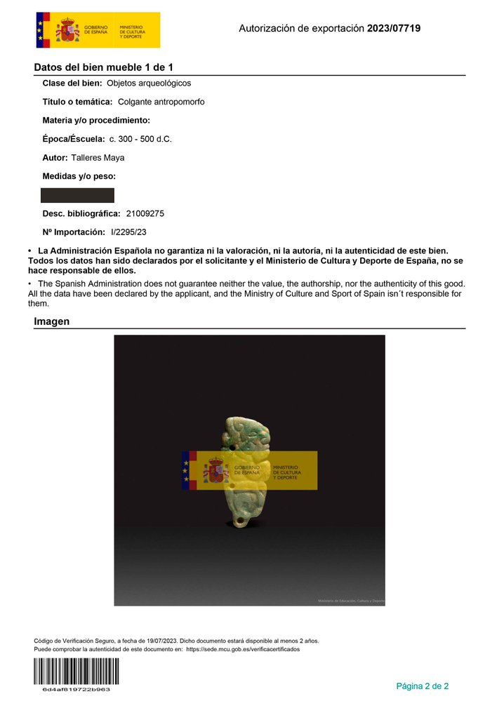 maya 玉 拟人化吊坠，公元300年至500年左右。5.8厘米。西班牙出口许可证。 #3.2