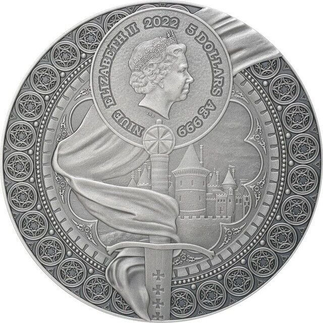Niue. 5 Dollars 2022 "Jeanne d' Arc" - Antique Finish, 2 Oz (.999) #1.2