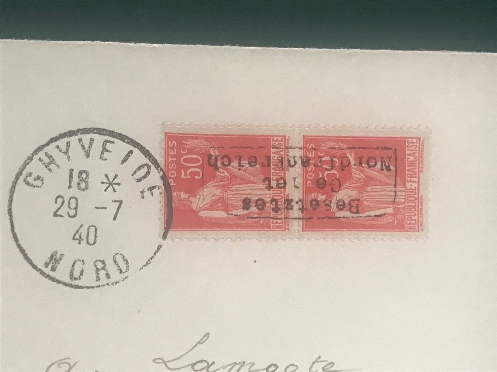 Impero tedesco – occupazione della Francia (1941-1945) 1940 - Occupazione di Dunkerque: 50 cent Paix in una coppia di lettere con certificato fotografico - Michel 2I #2.1