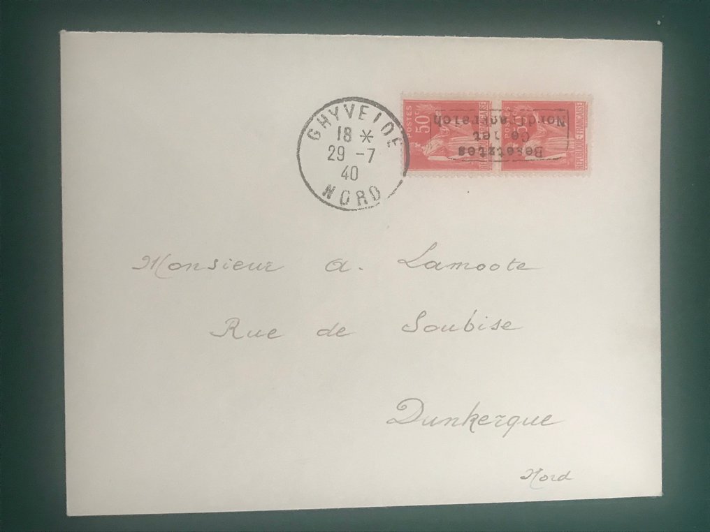 Imperiul German - Ocuparea Franței (1941-1945) 1940 - Ocupația Dunkirk: 50 de cenți Paix într-o pereche de scrisori cu certificat foto - Michel 2I #1.1