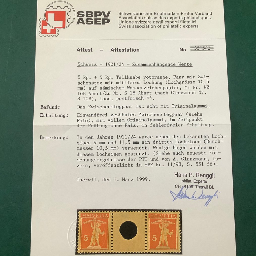 Switzerland 1921 - Se-tenant with loch of 10.5 mm - Photo certificate Renggli - Zumstein S18.1.09 #2.1