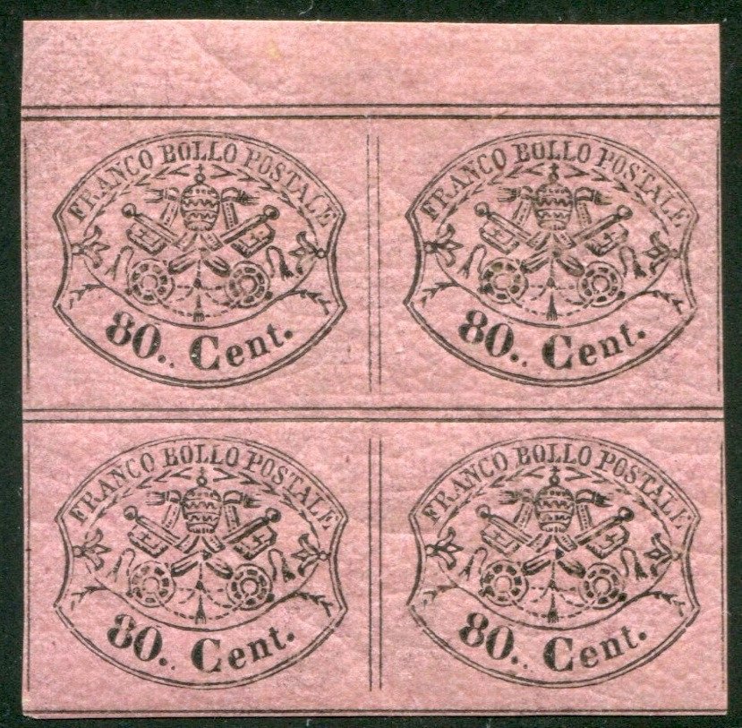 Antiguos Estados de Italia - Estado Pontificio 1867 - Estado Papal 1867 - Borde de hoja de cuarteta rosa lila de 80 céntimos - Sassone 20 #1.1