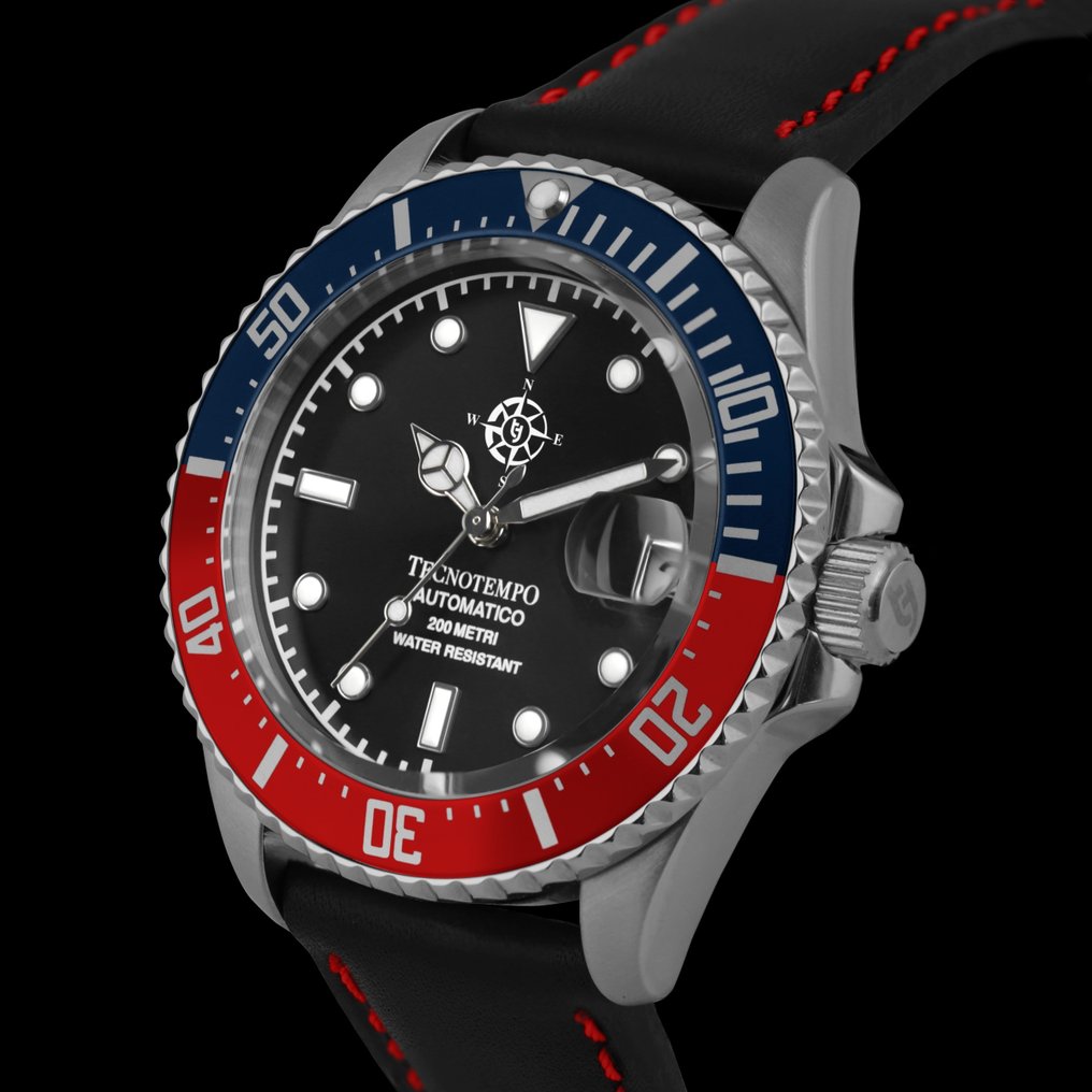 Tecnotempo - Automatic Diver 200M - "Wind Rose" Limited Edition - TT.200P.RDVRB (Black-Blue-Red/leather strap) - Men - 2020+ #2.1