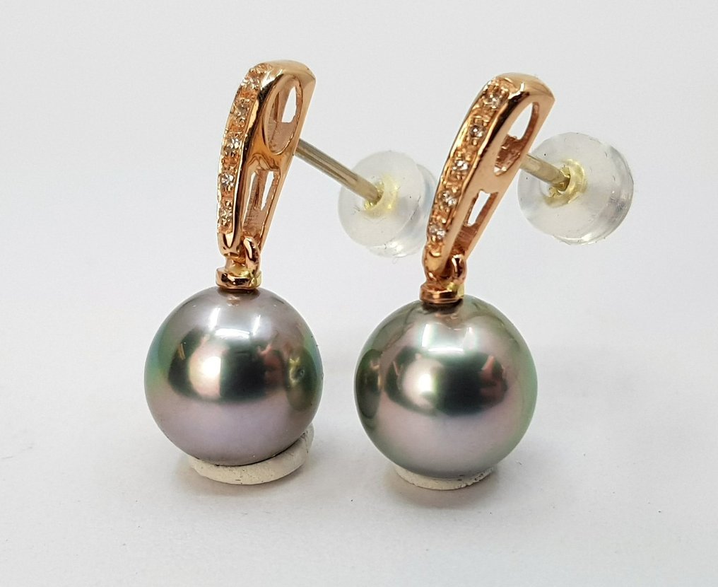 Drop fülbevaló - 14 kt. Rózsa arany - 0.08ct. tw. - 10x11mm Tahiti gyöngyök #2.1