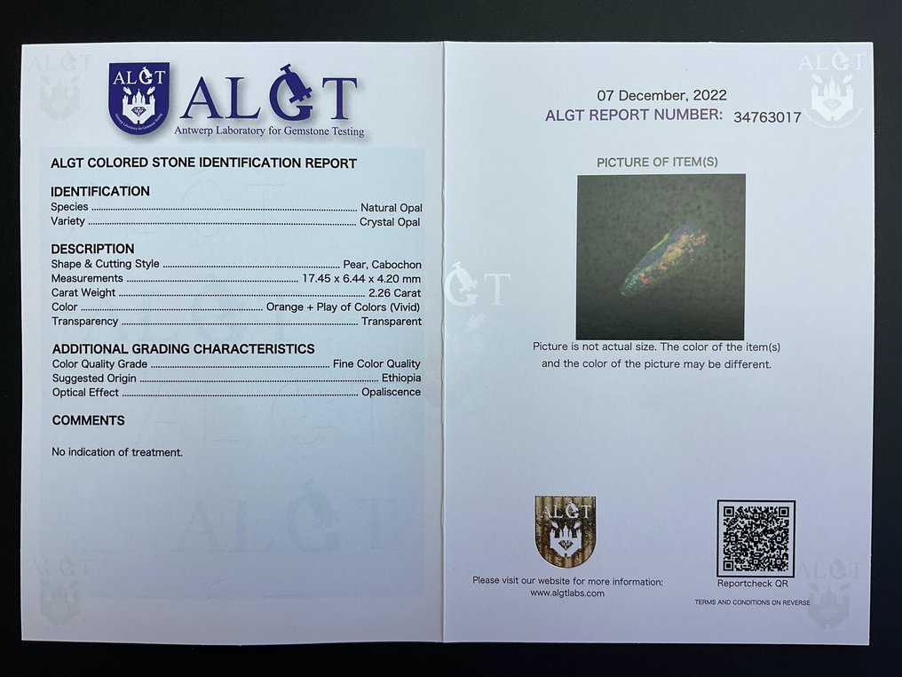 Opaal  - 2.26 ct - Antwerp Laboratory for Gemstone Testing (ALGT) #3.2