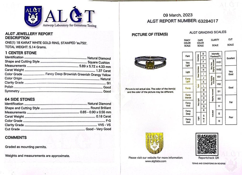 戒指 - 18 克拉 白金 -  1.55ct. tw. 黃色 鉆石 (天然彩色) #4.3