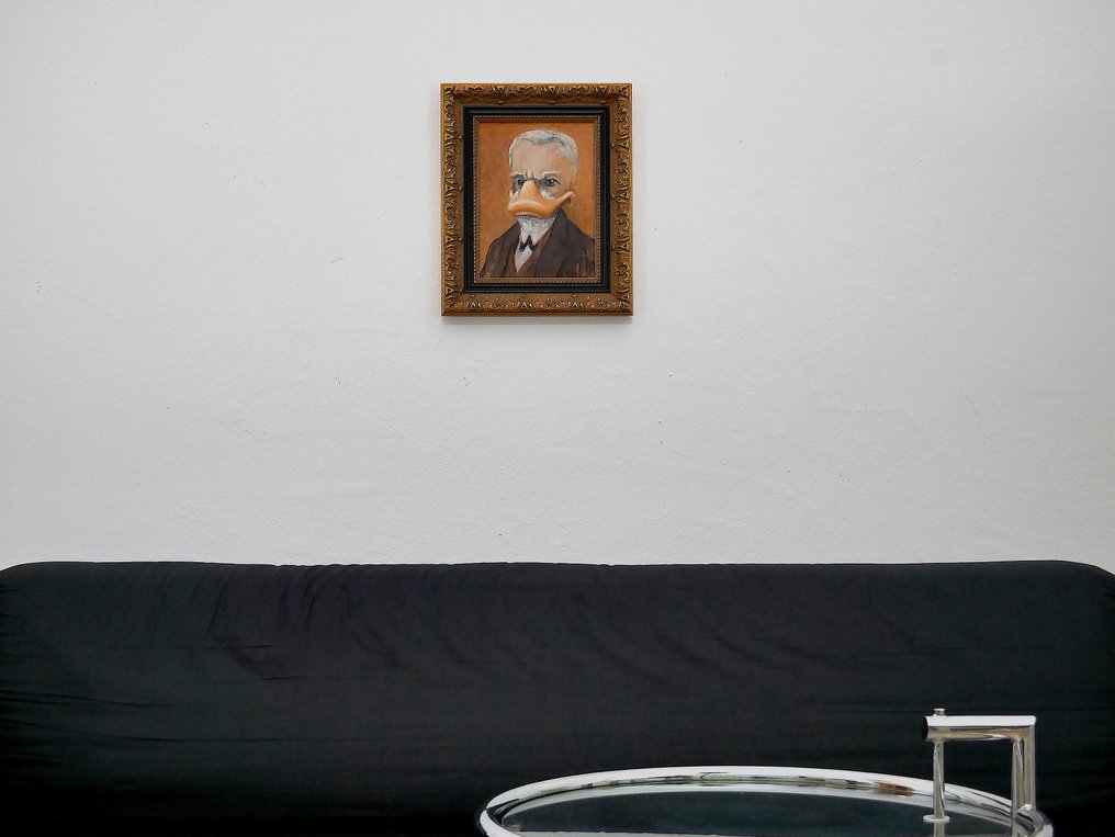 Prof. Volker Schönwart "Psychoanalytiker Dr. Entmund Freud" -  framed on 27,5 x 34 cm - Acryl on Wood - (2022) #2.2