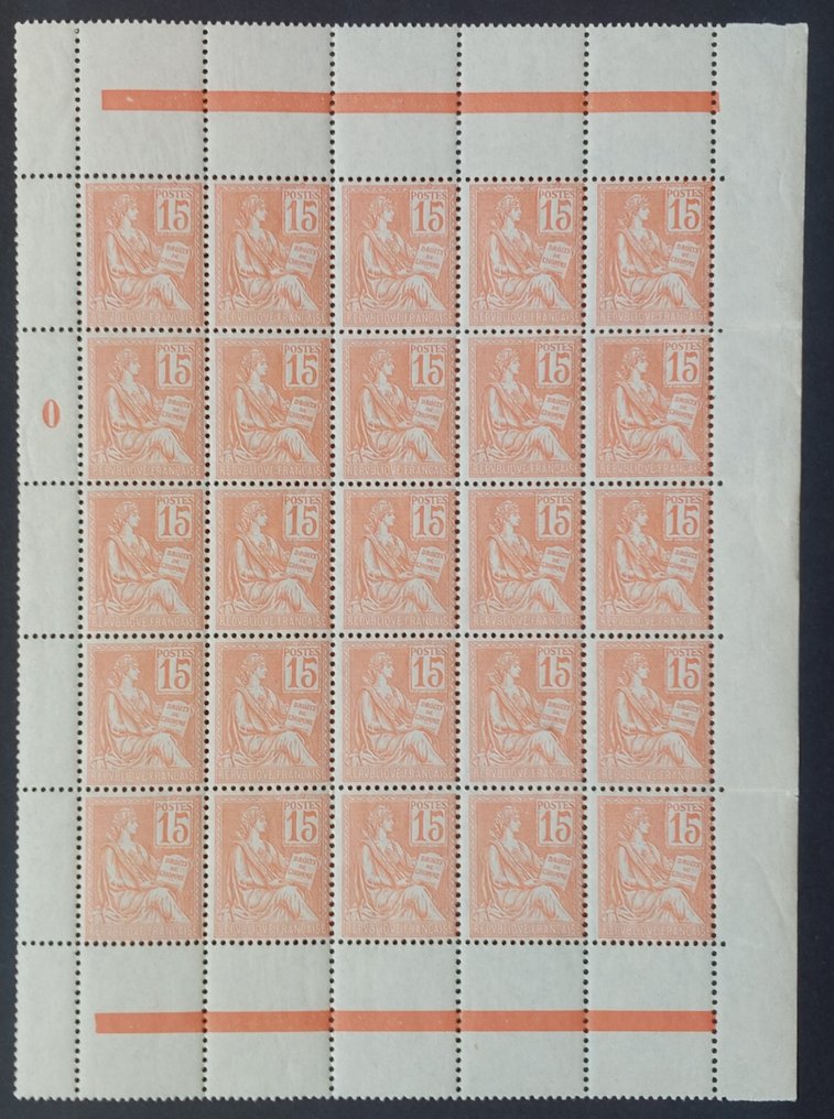 Frankreich 1900/1 - Mouchon Typ II, 15 EL. orange, 25er Panel mit Rahmen - Yvert 117 #1.1