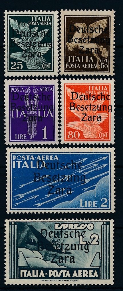 German Empire - Occupation of Zara 1943 - Airmail & express stamps with overprint, edition limited to only 8,000 pieces. - Michel Nr. 23II, 24II, 26II, 27II, 28, 31 mit Fotobefund Brunel "echt & einwandfrei", #1.0