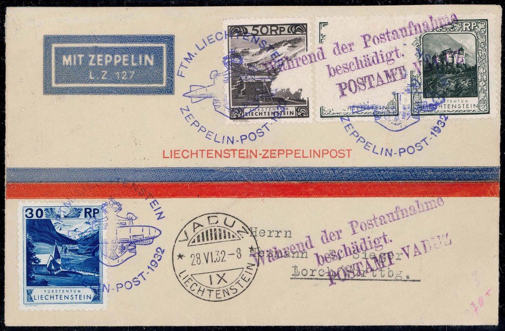 Liechtenstein 1932 - Călătorie în Elveția 1927 - Poșta Liechtenstein Zeppelin deteriorată în timpul colectării poștale - Sieger: 167II #1.1