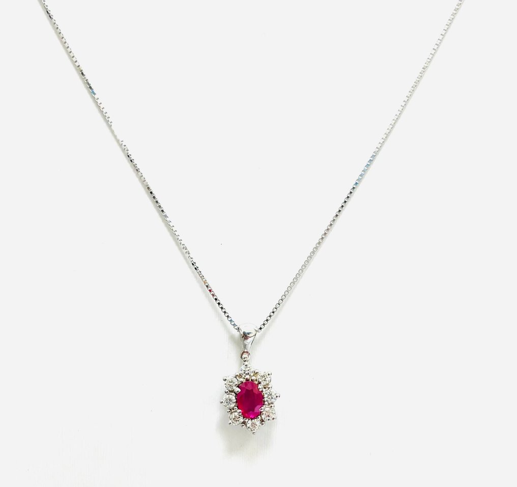 18 kt. White gold - Necklace with pendant - 0.80 ct Ruby - Diamonds #1.2