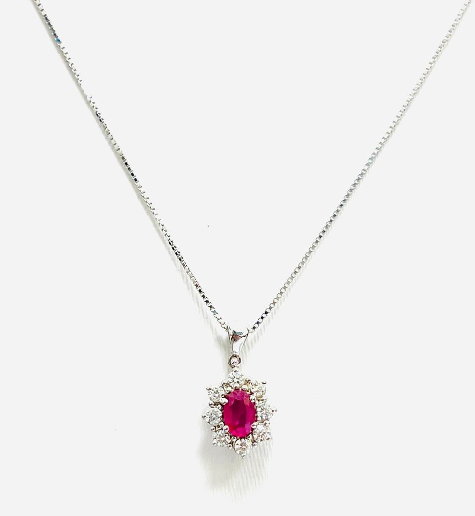 18 kt. White gold - Necklace with pendant - 0.80 ct Ruby - Diamonds #1.1