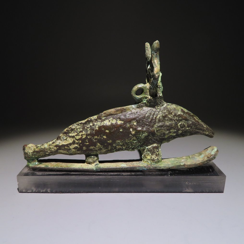 Oldtidens Egypten Bronze Figur af Gud Oxyrhynchos fisk. 11 cm L. Sen periode 664 - 332 f.Kr #1.1