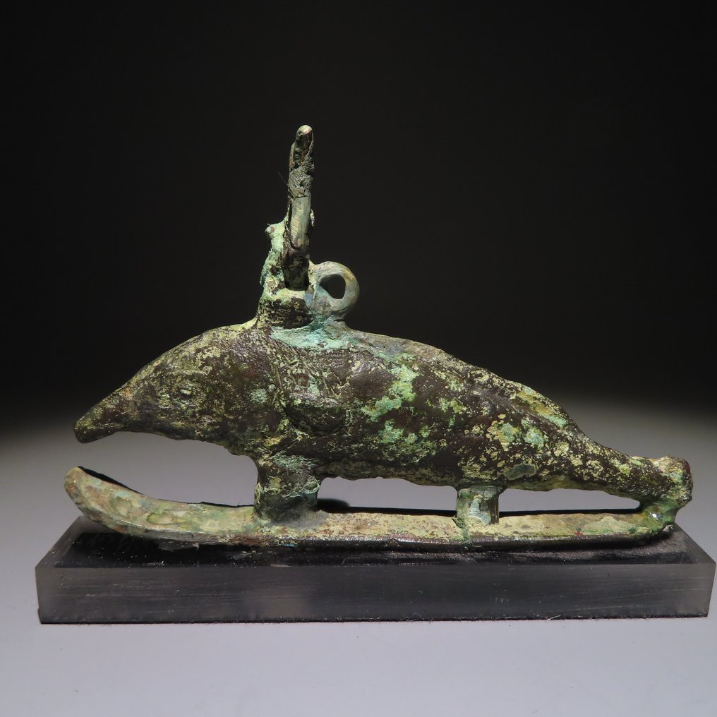 Oldtidens Egypten Bronze Figur af Gud Oxyrhynchos fisk. 11 cm L. Sen periode 664 - 332 f.Kr #1.2