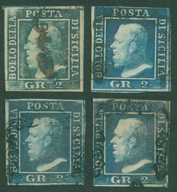 Italian Ancient States - Sicily 1859 - Ferdinando II of Bourbon, 2 grana, Table I, positions 2, 5, 14, 16. - Sassone 6 #1.0