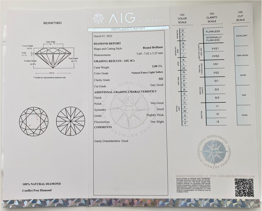 1 pcs Diamante  (Colorido natural)  - 2.00 ct - Fancy light Amarelo - SI2 - Antwerp International Gemological Laboratories (AIG Israel) #2.1