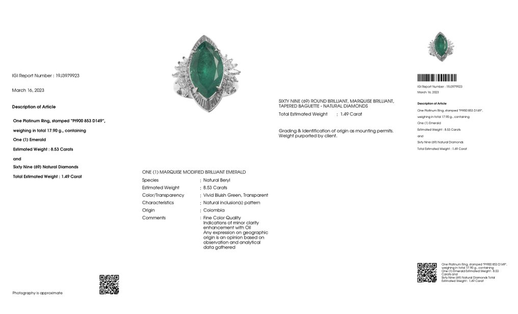 10.02 ctw - 8.53ct Fine Vivid Colombia Emerald and 1.49ct Natural Diamonds - IGI Report - Platina - Ring - 8.53 ct Smaragd - Diamanter #2.1