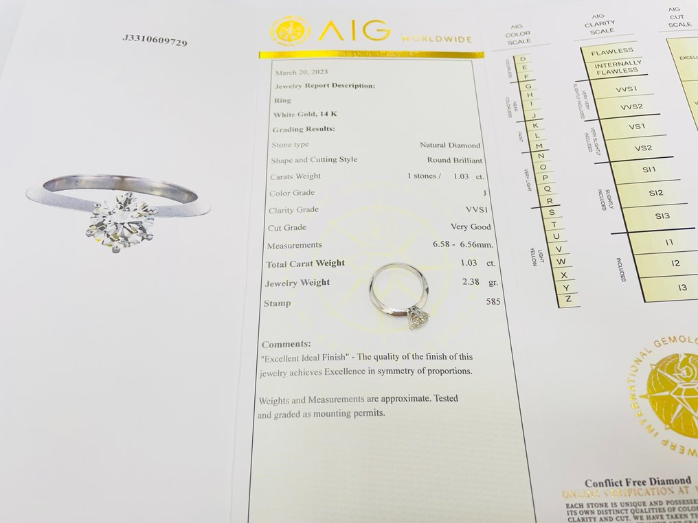 14 克拉 白金 - 戒指 - 1.03 ct 鉆石 - J VVS1，AIG 認證 #2.1