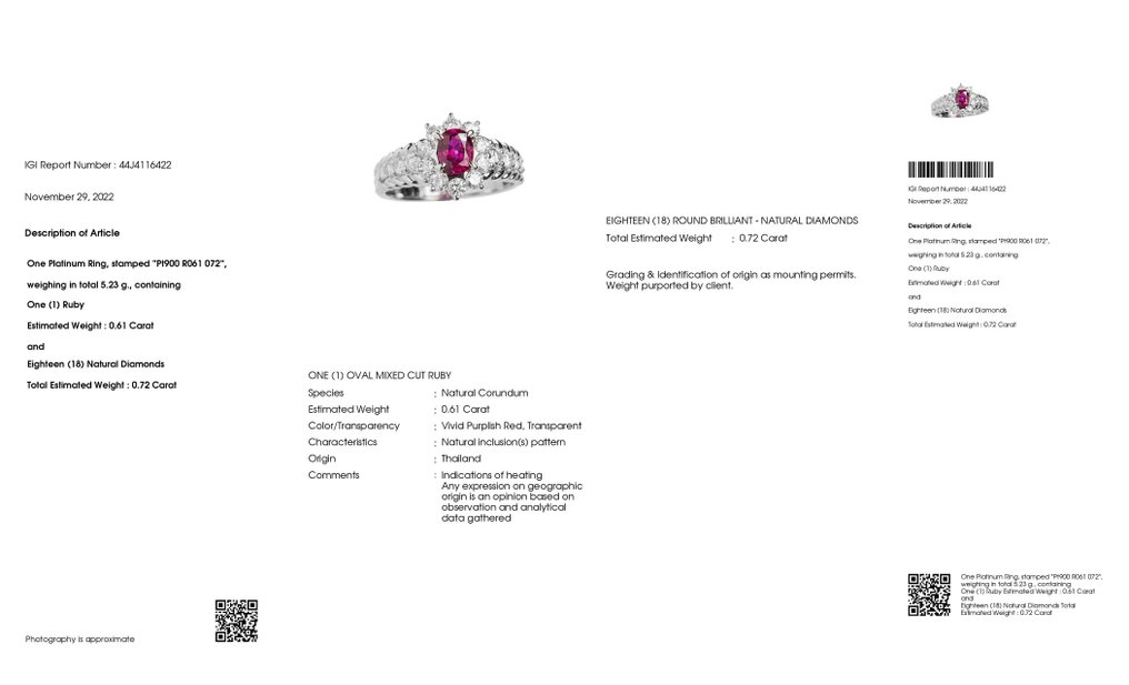 1.33 ctw - 0.61ct Natural Vivid Thai Ruby and 0.72ct Natural Diamonds - IGI Report - 900 鉑金 - 戒指 - 0.61 ct 紅寶石 - Diamonds #2.1