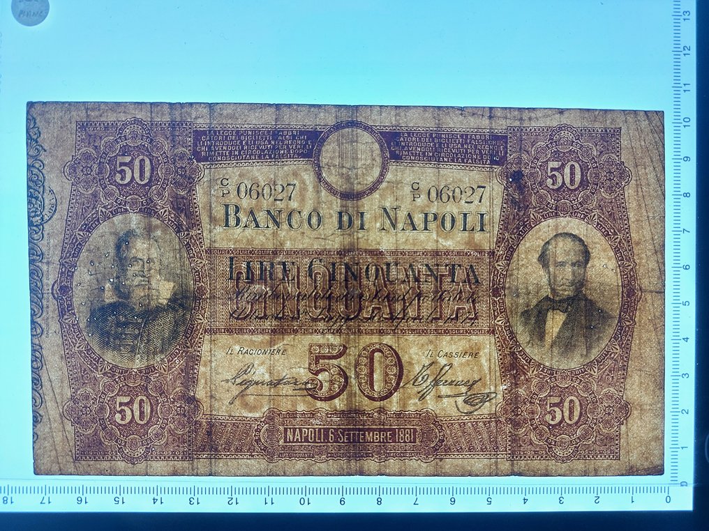 意大利, 那不勒斯银行 - 50 Lire 06/09/1881 Galilei - Gigante BN 4A #2.2