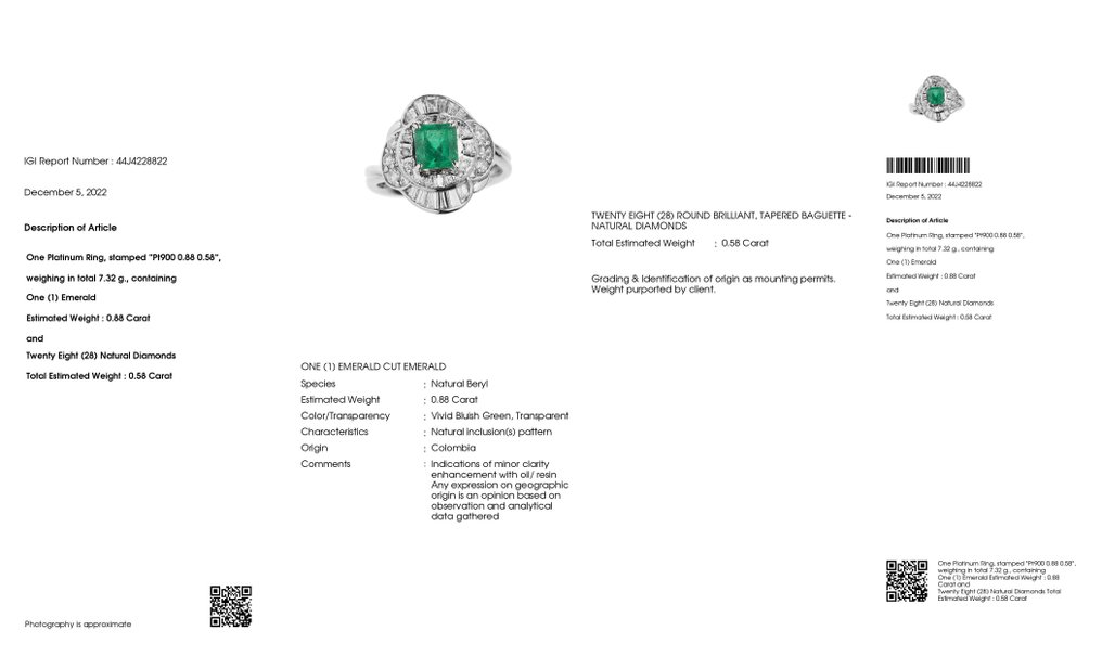 1.46 ctw - 0.88ct Natural Colombia Vivid Emerald and 0.58ct Natural Diamonds - IGI Report - 900 Platinum - Ring - 0.88 ct Emerald - Diamonds #2.1