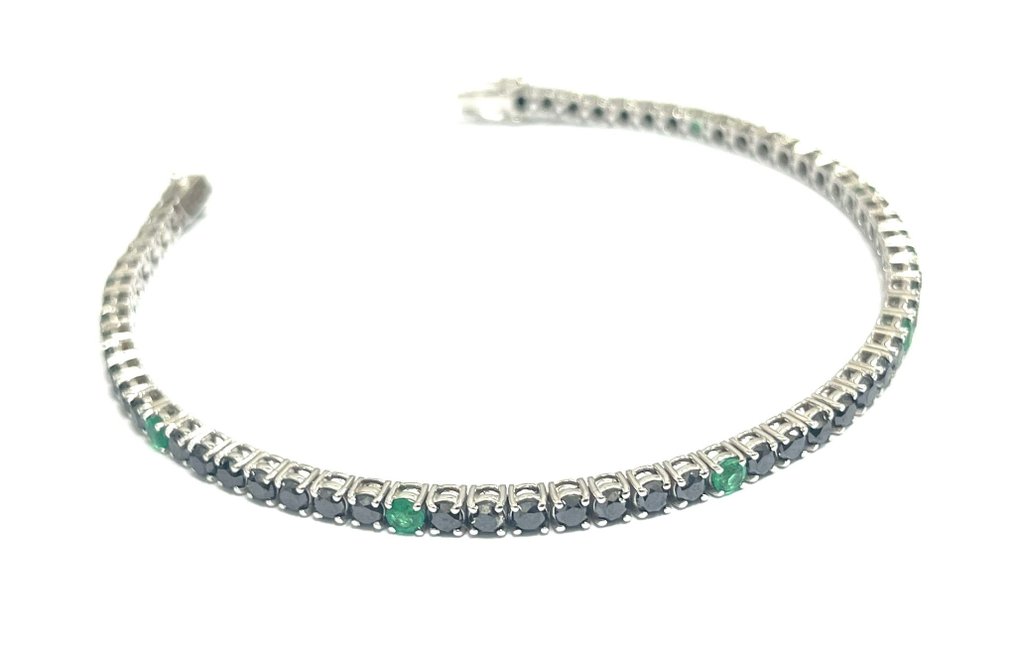 Bracelet - 18 kt. White gold -  8.15ct. tw. Diamond  (Colour-treated) - Emerald - Made in Italy #2.2