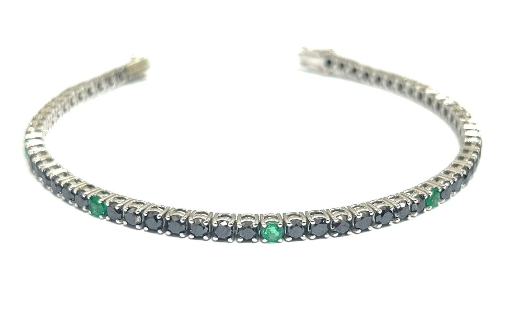 Bracelet - 18 kt. White gold -  8.15ct. tw. Diamond  (Colour-treated) - Emerald - Made in Italy #2.1