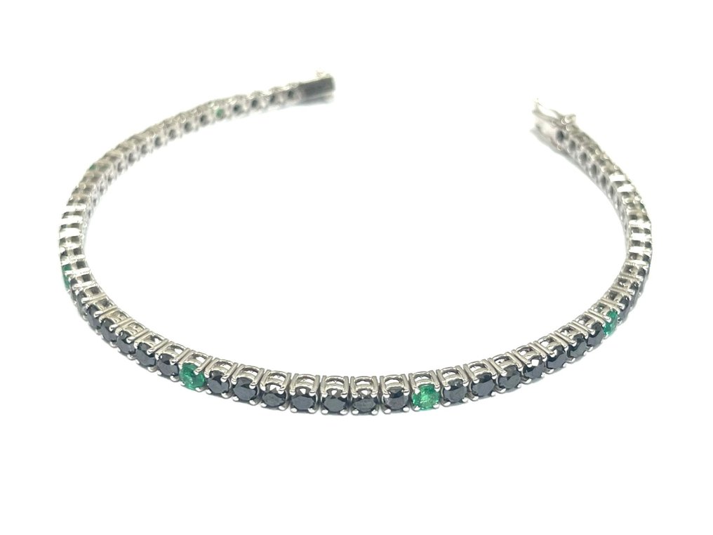 Bracelet - 18 kt. White gold -  8.15ct. tw. Diamond  (Colour-treated) - Emerald - Made in Italy #3.1