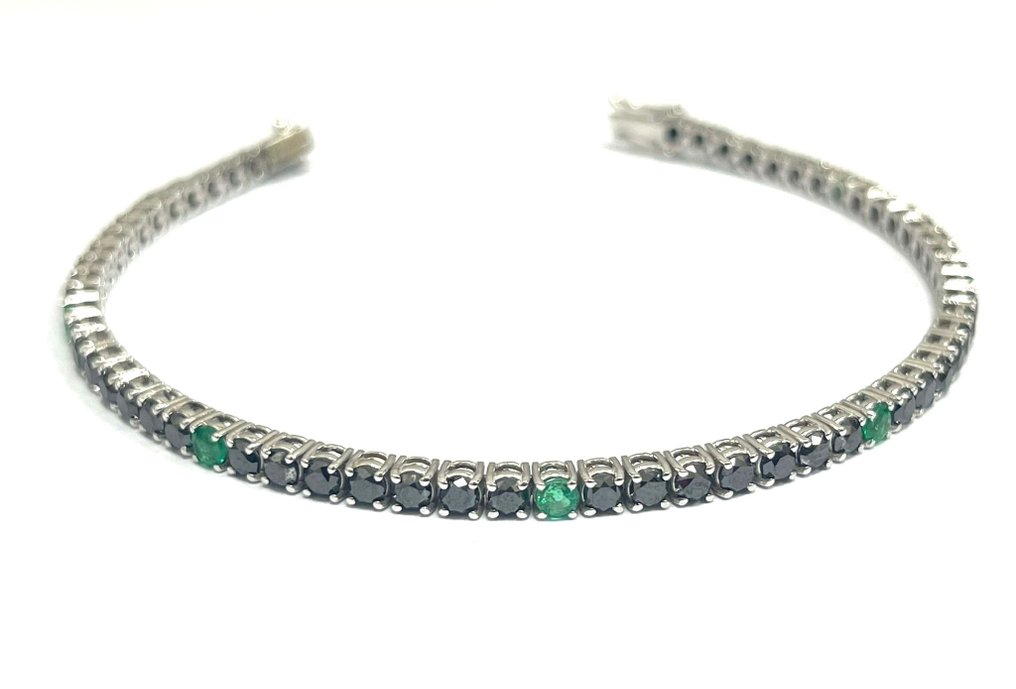 Bracelet - 18 kt. White gold -  8.15ct. tw. Diamond  (Colour-treated) - Emerald - Made in Italy #1.1