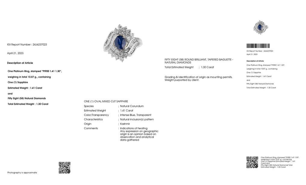 2.71 ctw - 1.41ct Natural Kashmir Sapphire and 1.30ct Natural Diamonds - IGI Report - 900 Platinum - Ring - 1.41 ct Sapphire - Diamonds #2.1
