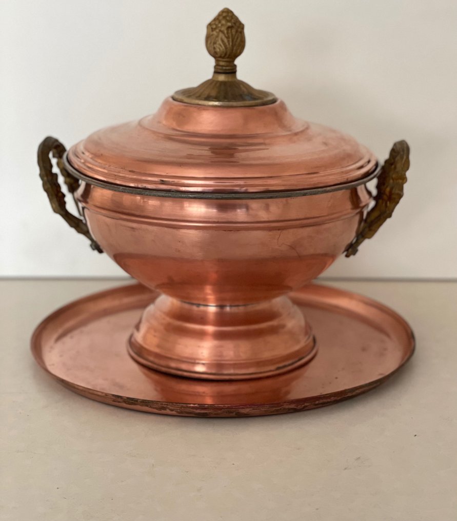 Rare soup tureen with bronze handels, inclusive tray - copper, bronze #2.1