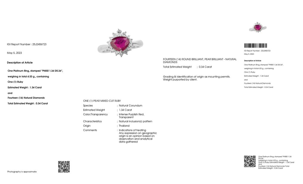 1.68 ctw - 1.34ct Natural Thai Ruby and 0.34ct Natural Diamonds - IGI Report - 850 Platina - Ring - 1.34 ct Rubin - Diamanter #2.1