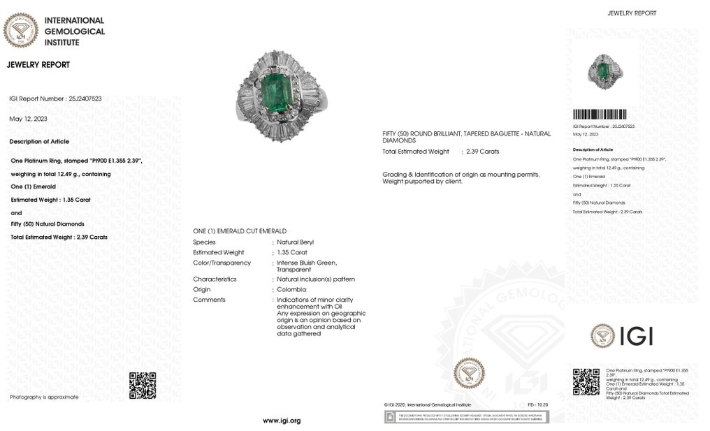 3.74ctw - 1.35ct Natural Colombia Emerald and 2.39ct Natural Diamonds - IGI Report - 900 Πλατίνα - Δαχτυλίδι - 1.35 ct Σμαράγδι - Διαμάντια #2.1