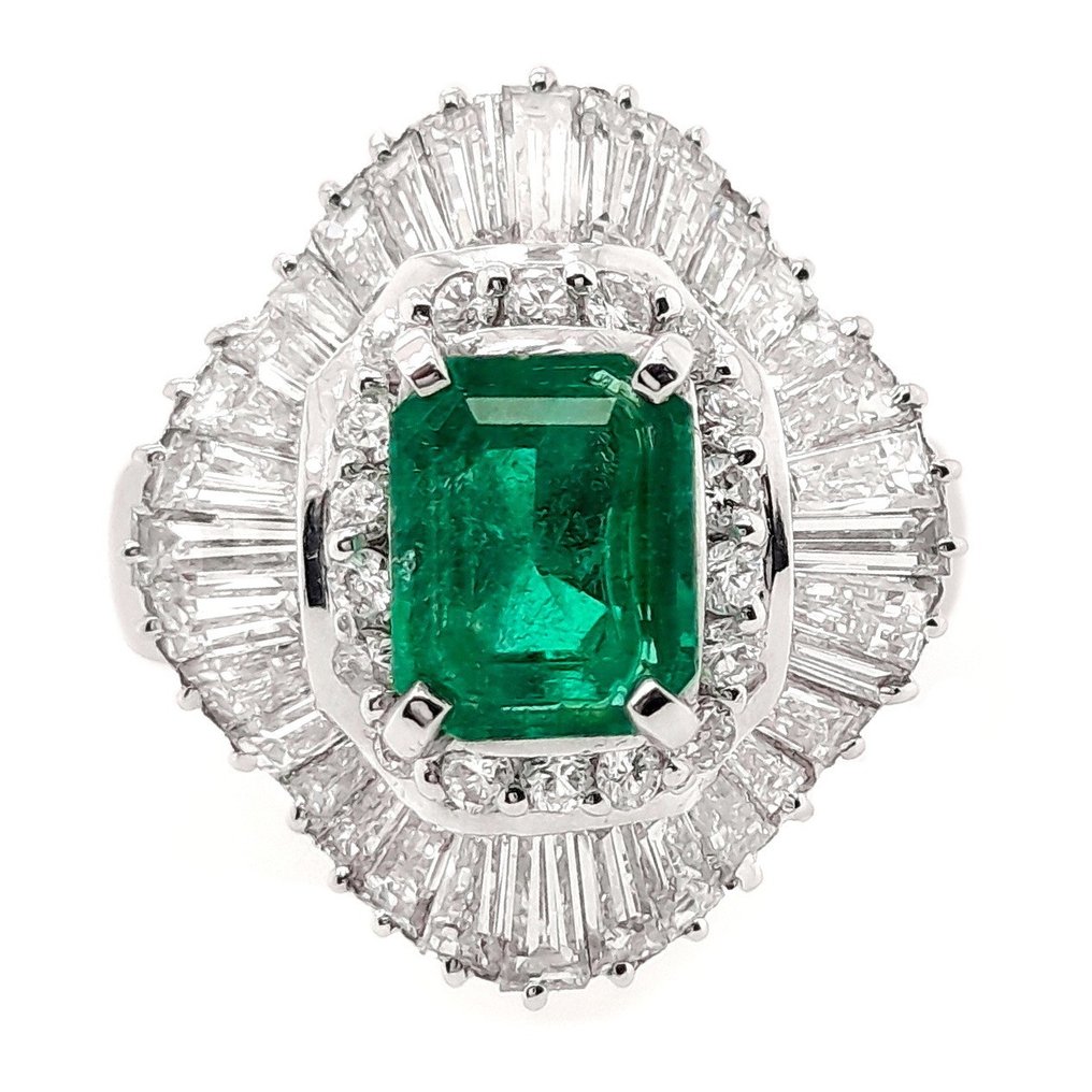 3.74ctw - 1.35ct Natural Colombia Emerald and 2.39ct Natural Diamonds - IGI Report - 900 白金 - 戒指 - 1.35 ct 祖母绿 - Diamonds #1.1