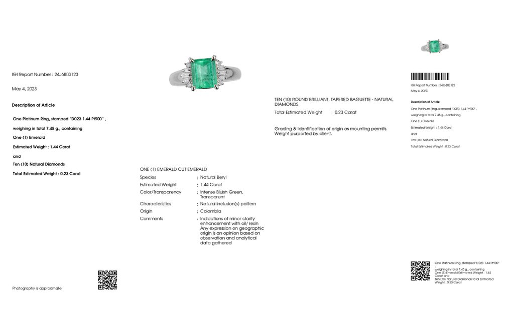 1.44ct Natural Colombia Emerald and 0.23ct Natural Diamonds - IGI Report - 900 Platine - Bague - 1.44 ct Émeraude - Diamants #2.1