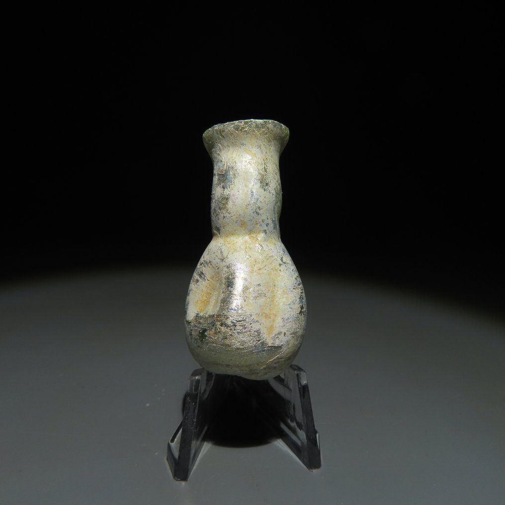 古罗马 玻璃 完整的烧瓶 - Lacrimal。高 4.3 厘米。独特的蓝绿色和银色虹彩 #1.1