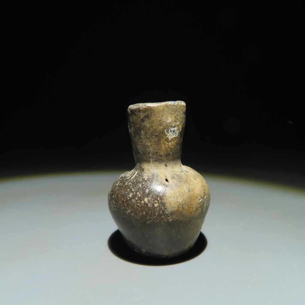 Ancient Roman Glass Intact Flask - Lacrimal. 1st - 3rd century A.D. 3,4 cm H. Exceptional blue-green and silver #1.1