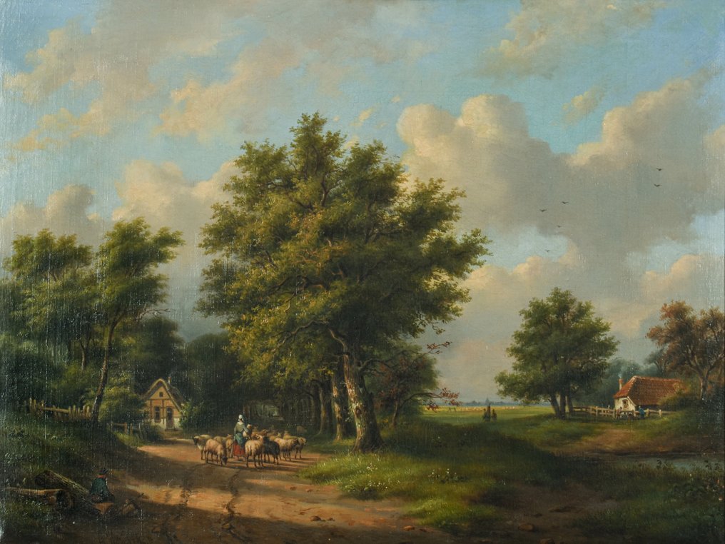 George Henry Hendriks (1804-1859) - Landschap met schaapherdster en schapen #1.1