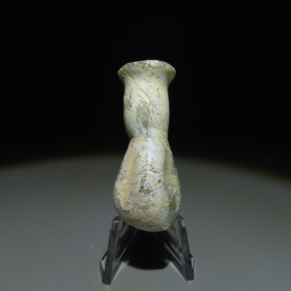 古罗马 玻璃 完整的烧瓶 - Lacrimal。高 4.3 厘米。独特的蓝绿色和银色虹彩 #1.2