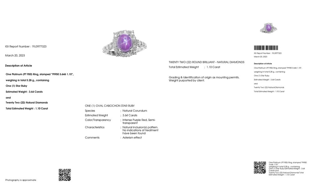 4.74 ctw - 3.64ct Not-Treated Star Ruby and 1.10ct Natural Diamonds - IGI Report - 950 Platina - Ring - 3.64 ct Stjärnrubin - Diamanter #2.1