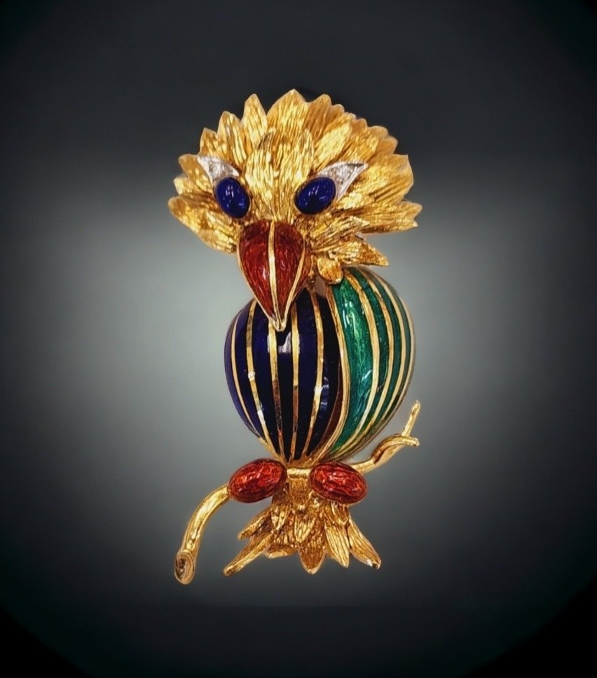 Brosch Gult guld, Vintage 18 k guld diamant emalj rubiner smaragd brosch papegoja #1.1