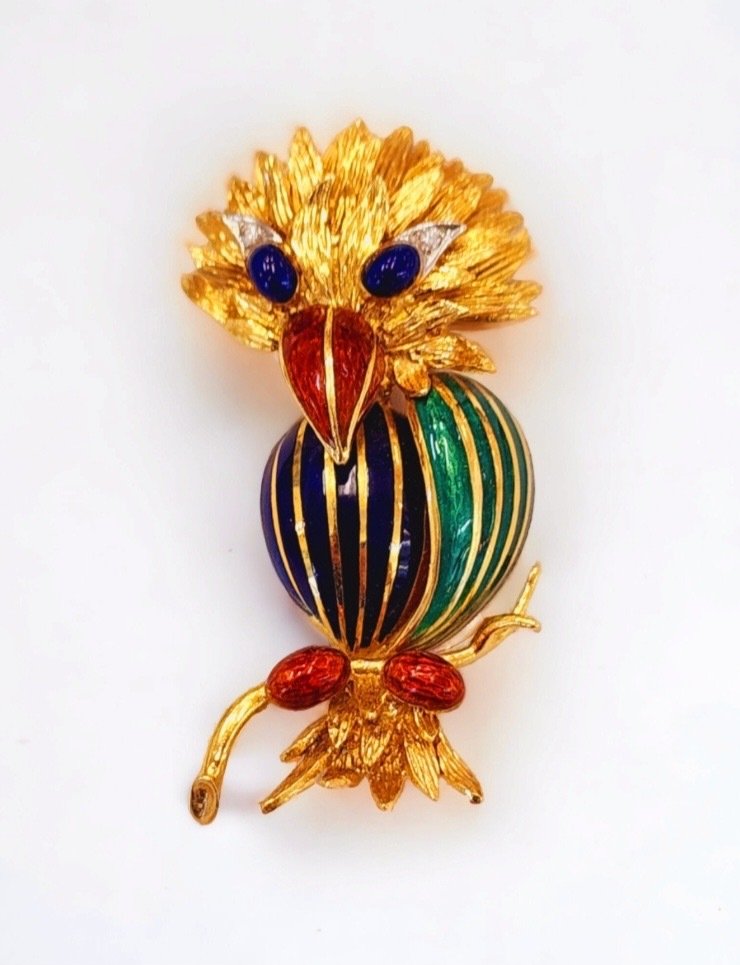 Brooch Yellow gold, Vintage 18k Gold Diamond  Enamel Rubys Emerald brooch Parrot #2.1