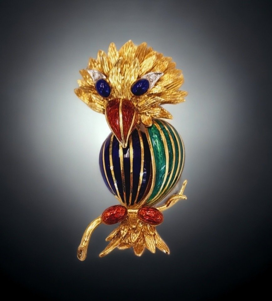 Broche Gulguld, Vintage 18k guld diamantemalje rubiner smaragdbroche papegøje #1.2